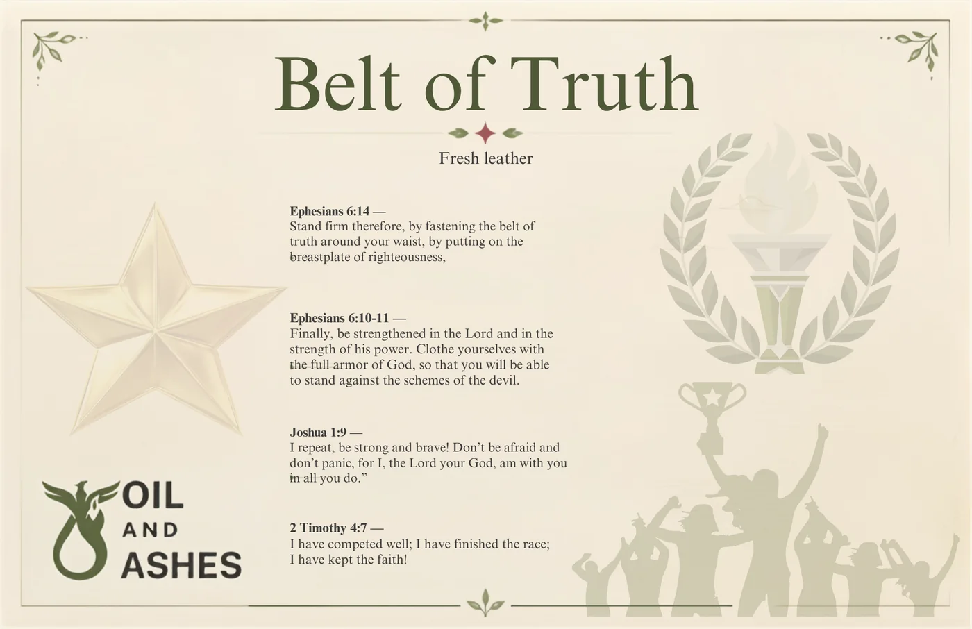 The Belt of Truth card: the fragrance name, its notes, and 4 passages of scripture printed in full, with drawn botanical artwork.