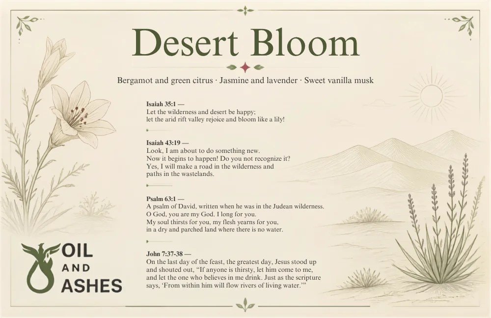 The Desert Bloom card: the fragrance name, its notes, and 4 passages of scripture printed in full, with drawn botanical artwork.