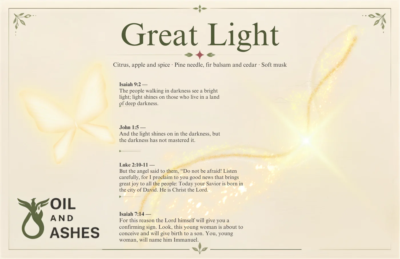The Great Light card: the fragrance name, its notes, and 4 passages of scripture printed in full, with drawn botanical artwork.