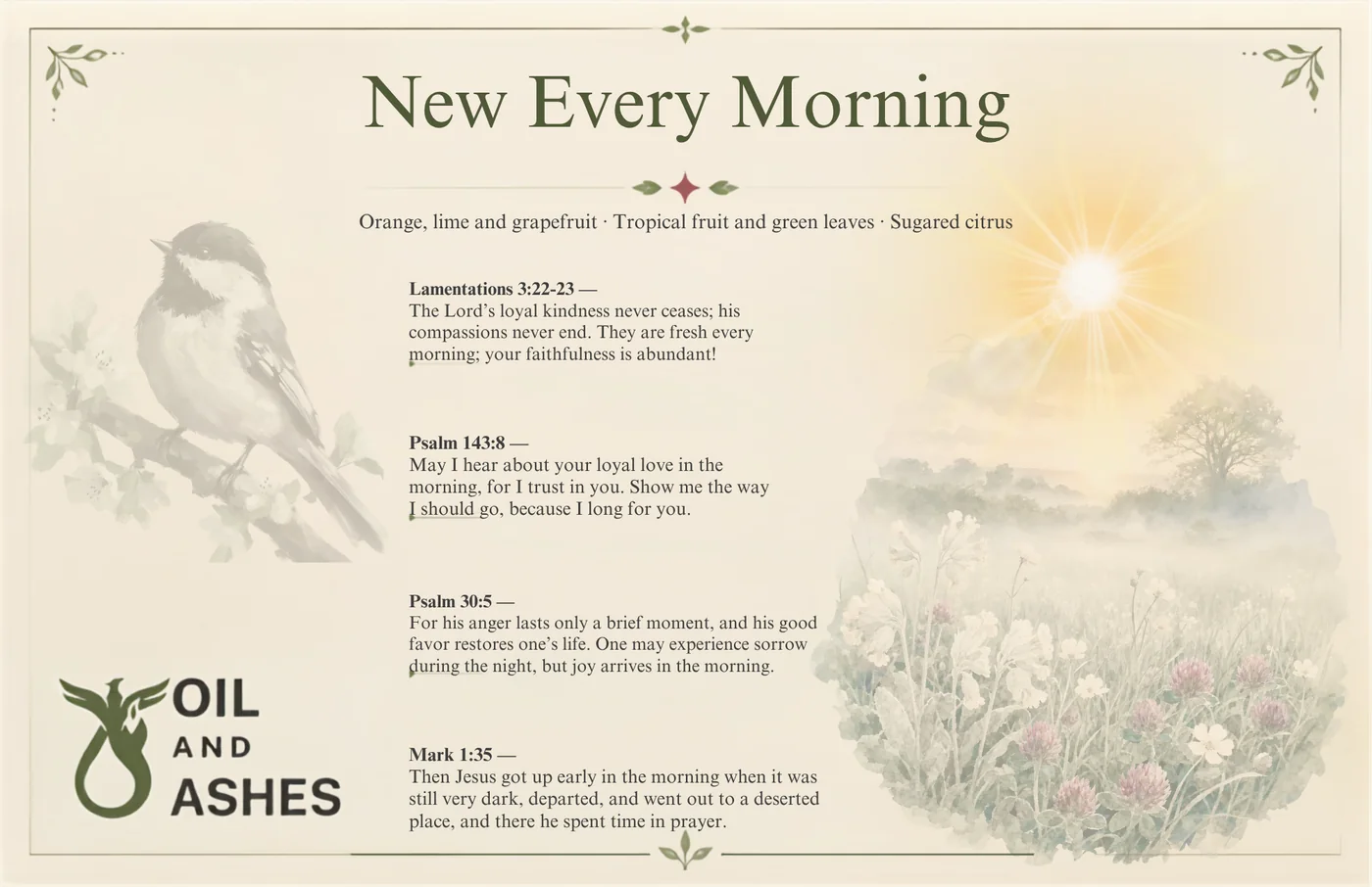 The New Every Morning card: the fragrance name, its notes, and 4 passages of scripture printed in full, with drawn botanical artwork.