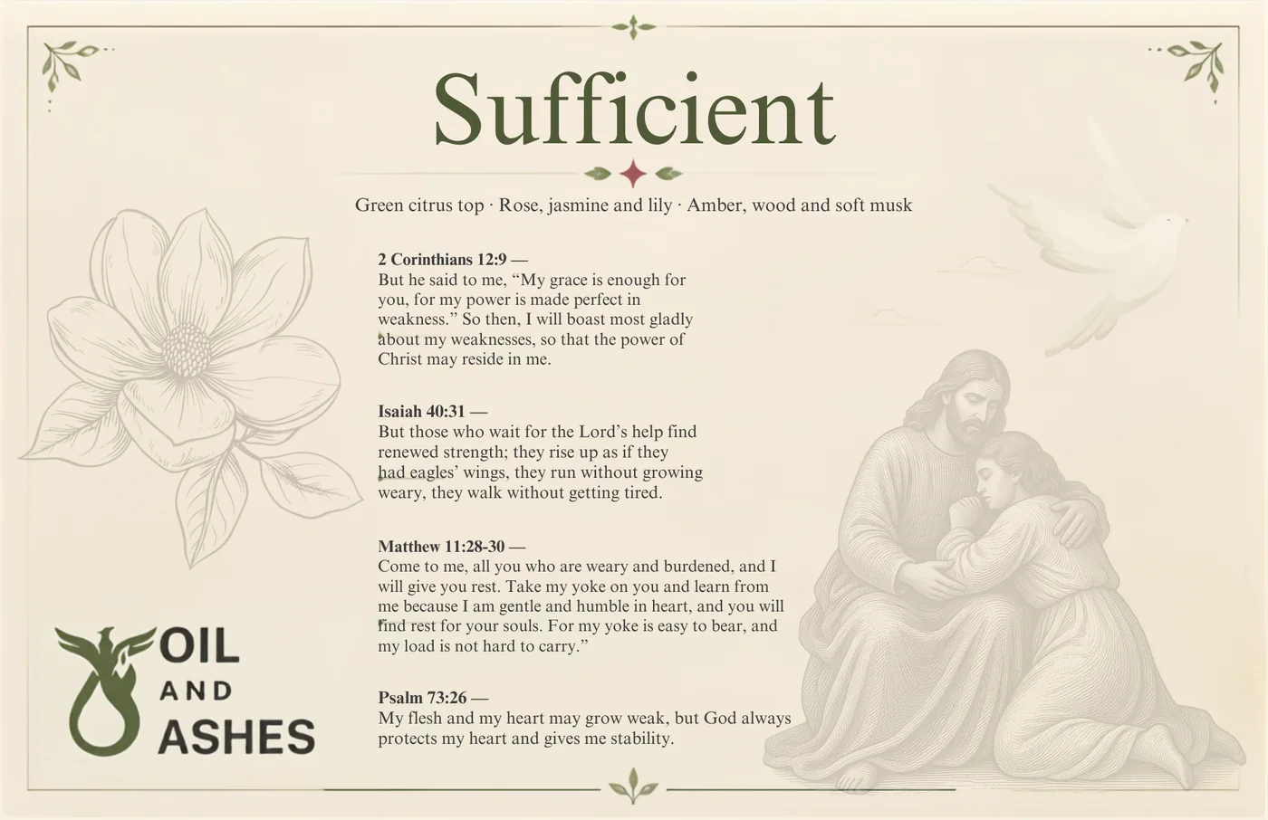 The Sufficient card: the fragrance name, its notes, and 4 passages of scripture printed in full, with drawn botanical artwork.