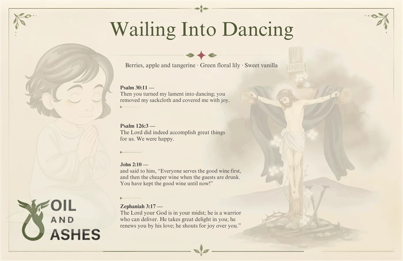 The Wailing Into Dancing card: the fragrance name, its notes, and 4 passages of scripture printed in full, with drawn botanical artwork.
